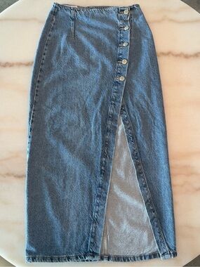 Zara Denim Button Front Midi Skirt Size XS